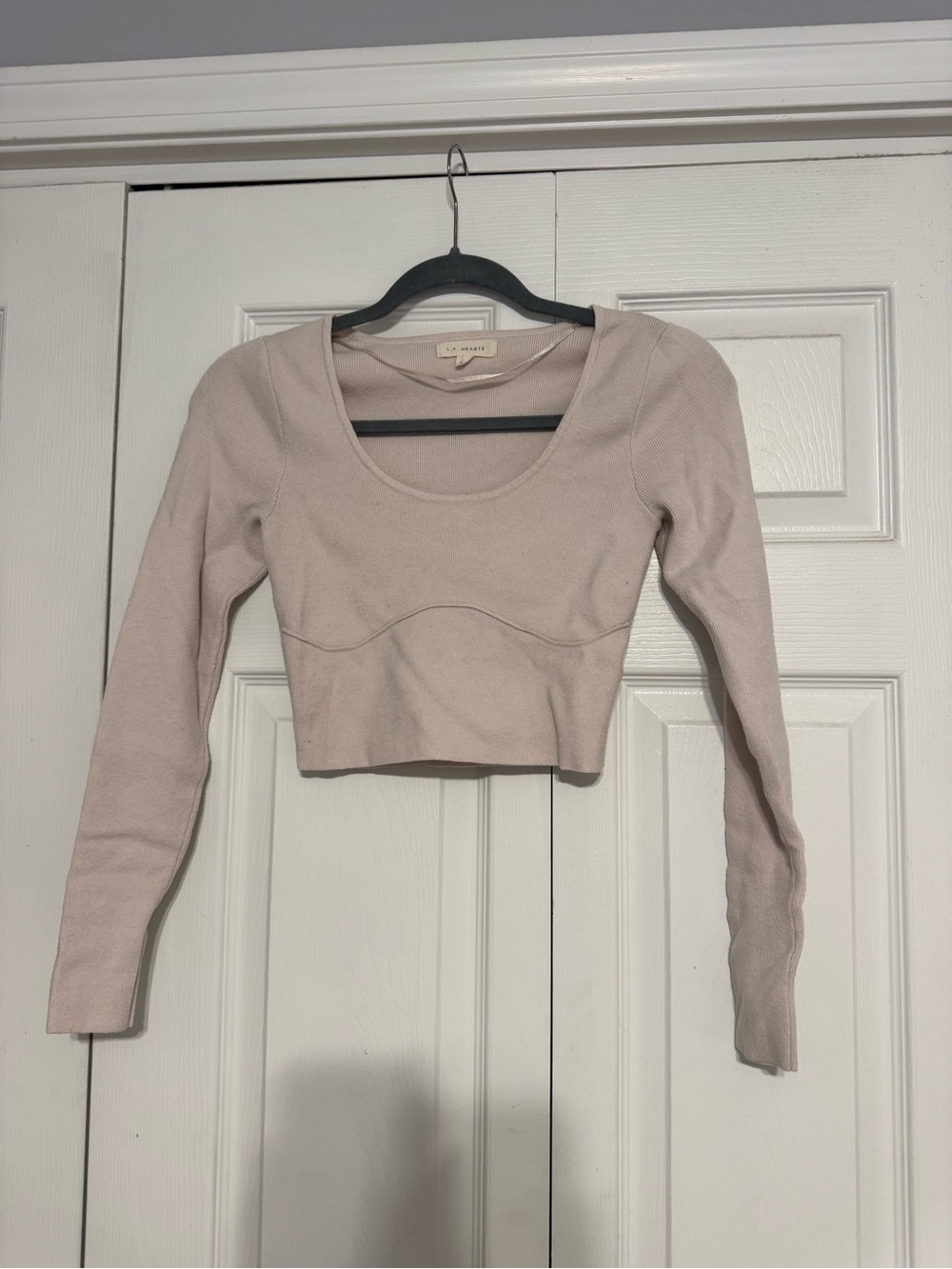 La Hearts Light Beige Long Sleeve Scoop Crop Top